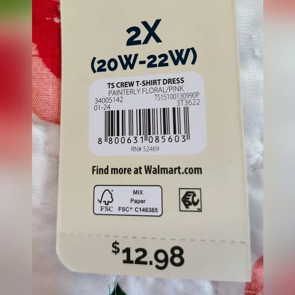 Terra & Sky Pink and Green Floral Tee Shirt Midi Dress, Size 2X/20W-22W  #103 - Picture 9 of 9